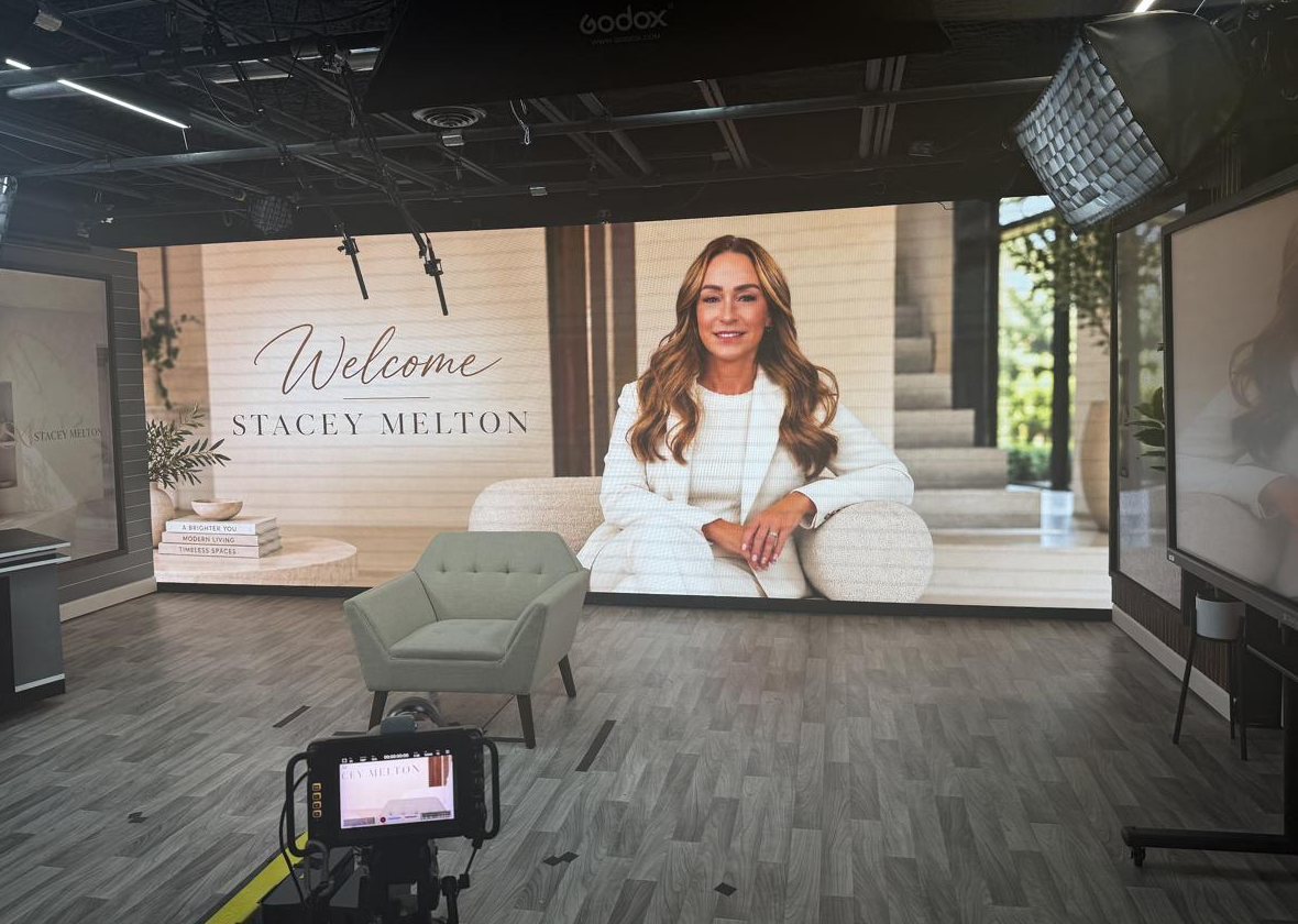 The studio set with the welcome screen and interview chair